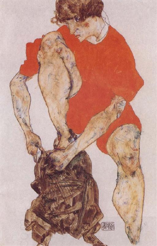 Egon Schiele Female Model in Bright Red Jacket and Pants